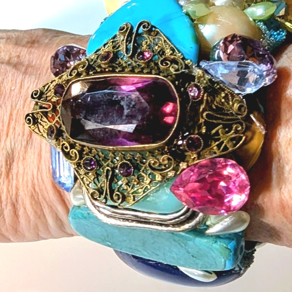 Wendy Gell  wristy amethyst and turquoise with pearls and filigree. Swarovski . - Picture 3 of 5